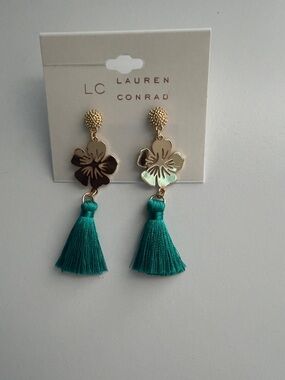 LC Lauren Conrad Women's Gold Plated Green Tassel Pierced Earrings